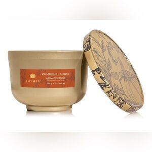 Thymes Scented Candles for Women & Men – Tin with Lid  (Pumpkin Laurel, 6.5 oz)